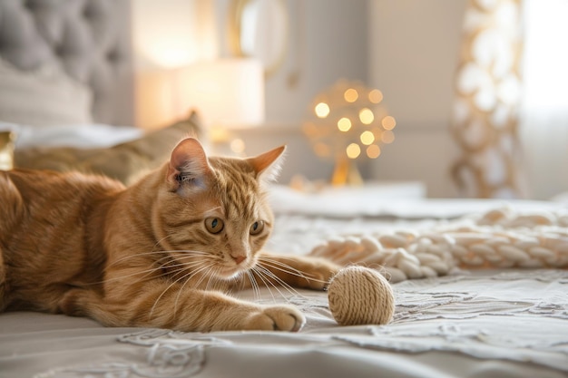 Relaxed Ginger Cat Playing with Yarn Ball on Cozy Bed in Warm Ambient Light