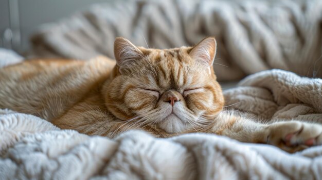 Relaxed Ginger Tabby Cat Enjoying a Cozy Nap on Soft White Blanket in Warm Indoor Light