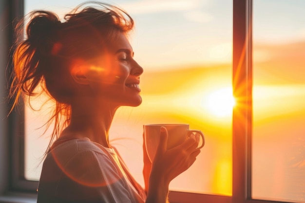 Relaxed girl with coffee mug looks at sea at home