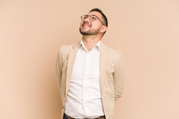 Relaxed and happy laughing neck stretched showing teeth