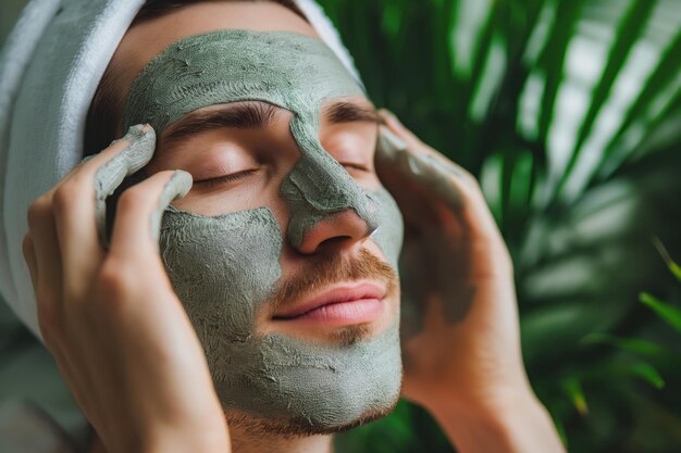 Relaxed male with a natural clay face mask for a pampering skincare treatment