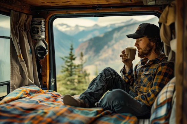 Photo relaxed man drinking coffee in his camper van doors during mountain wilderness rv road trip