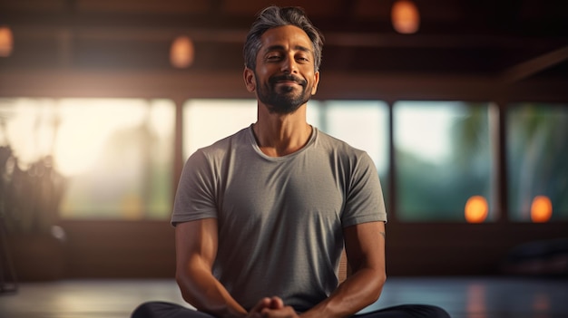 Relaxed man practicing lotus pose in yoga meditating and smiling