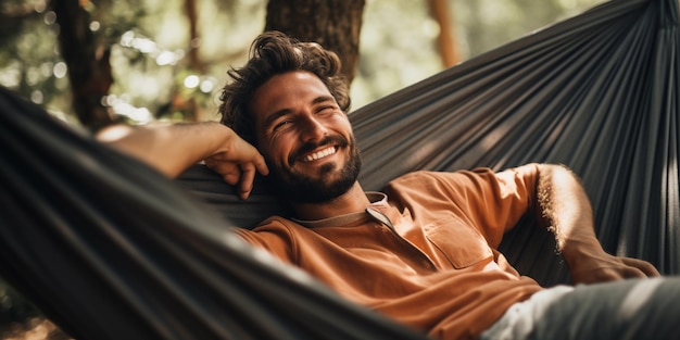 Photo a relaxed man rests lying in a hammock