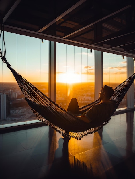 Relaxed man sitting in the hammock in his house Man looks at panoramic window enjoying sunset Rear view Generative AI