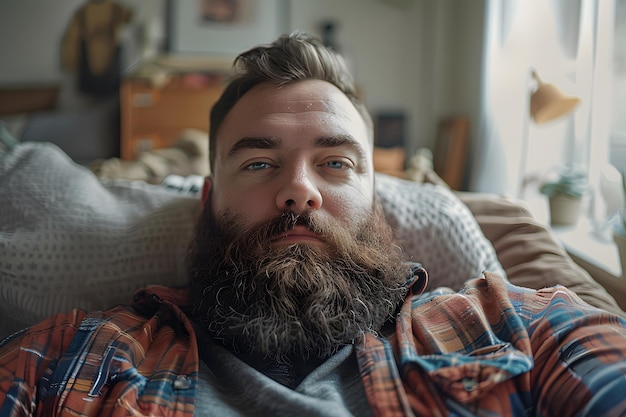 Photo relaxed man with a beard in a cozy indoor setting