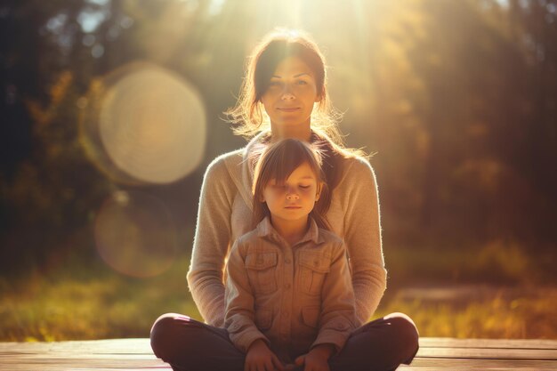 Relaxed mother and daughter embracing tranquility through yoga in their sunsoaked garden