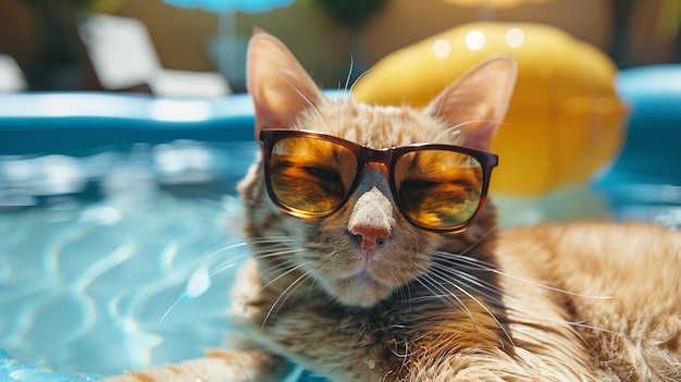 A relaxed orange tabby cat wearing sunglasses floats in a clear sunny pool