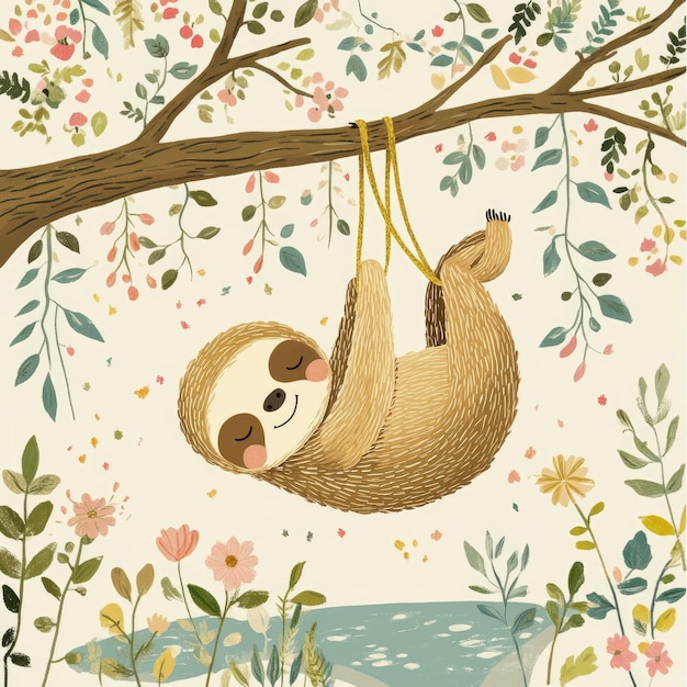 Photo relaxed sloth hanging from colorful vines in a tropical setting