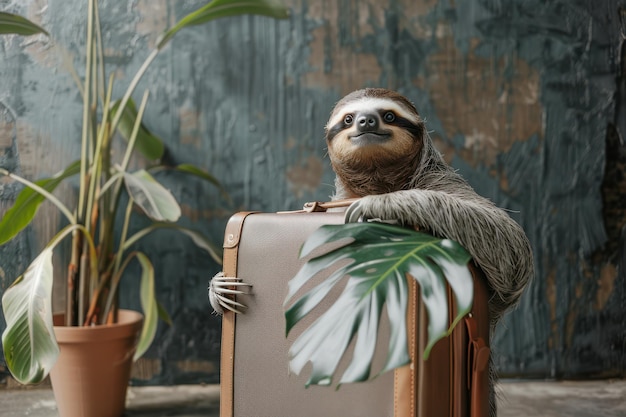 Photo relaxed sloth ready for a holiday in a suit and suitcase