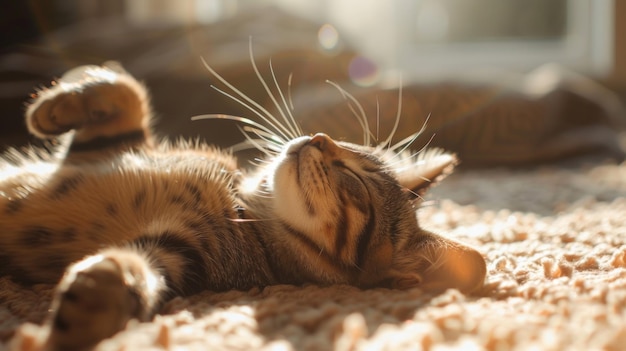 Photo relaxed tabby cat sleeping on a sunlit carpet cozy and peaceful moment of a cute cat in a warm home ideal for pet calmness and comfort themed content ai