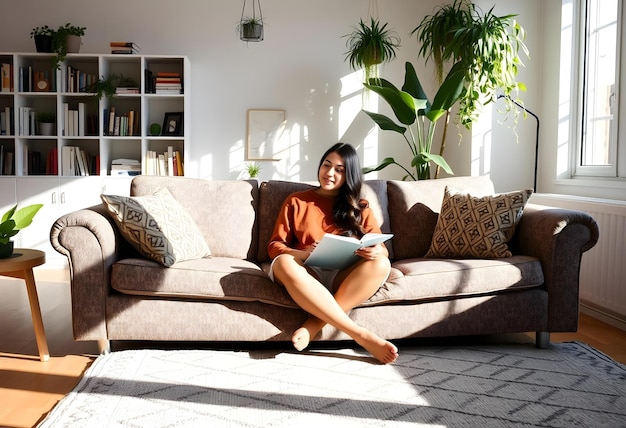 Photo relaxed woman enjoying a cozy moment at home in a bright living room