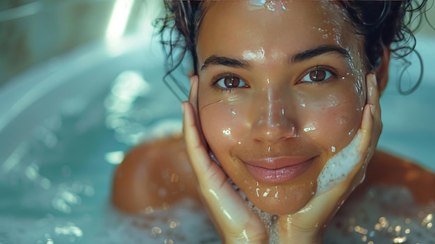 Relaxed Woman Enjoying a Refreshing Bath with a Soapy Face in a Bathtub