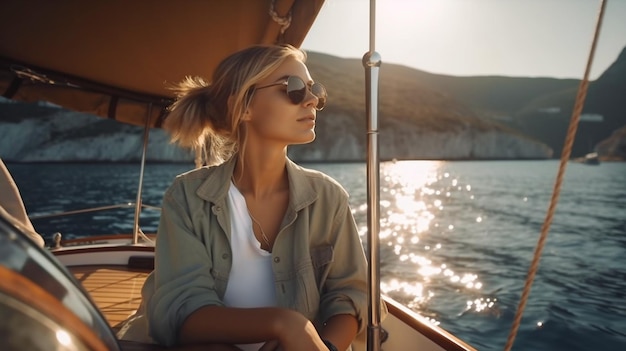 A relaxed woman is sailing a yacht close to a rocky coast while using generative AI