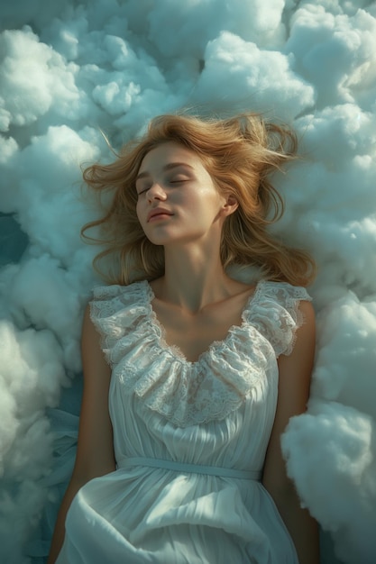 Relaxed woman lounging amidst fluffy clouds a serene expression on her face basking in the sunlight