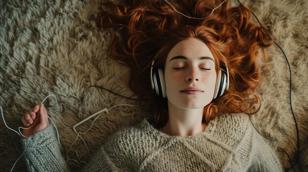 Photo a relaxed woman lying on the carpet at home indulging in music through her headphones exuding a sense of calm and contentment in her portrait