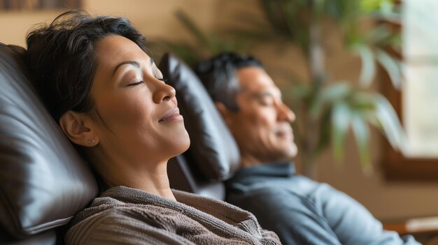 Photo relaxed woman in a recliner chair with eyes closed enjoying a spa treatment