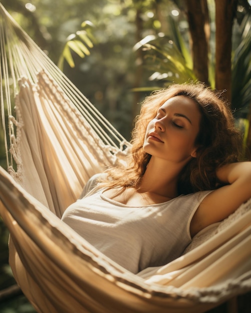 Photo a relaxed woman rests lying in a hammock