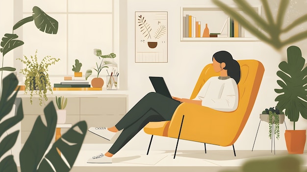 A relaxed workfromhome setup with a person in a cozy chair soft background style of iDea24club