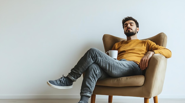 Relaxed Young Man in a Brown Armchair