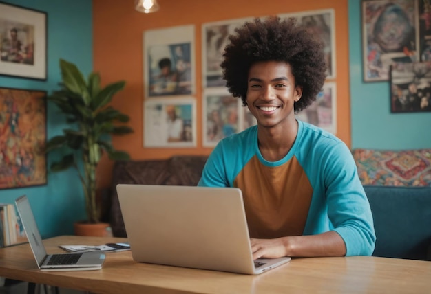 Relaxed young man with afro hairstyle working on a laptop at home the colorful room and his pleasant