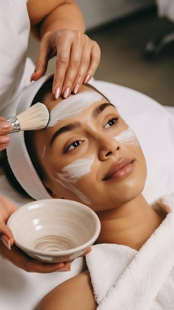 Relaxed young woman getting facial skin care treatment at beauty salon beautician touching brush w