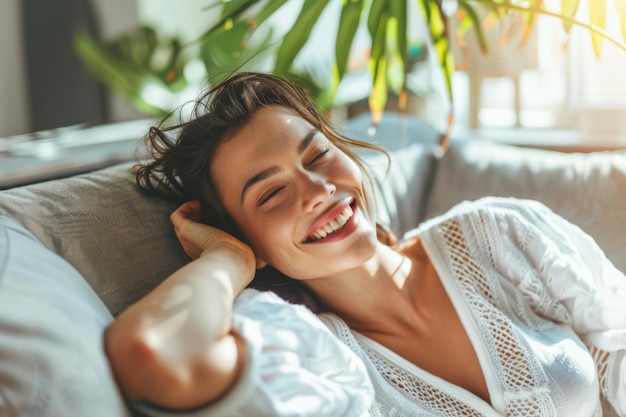 Photo relaxed young woman lying on a couch hands behind head smiling