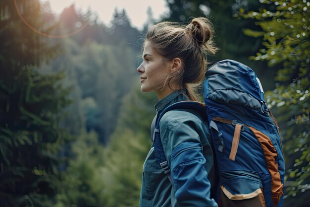 Relaxed young woman with backpack trekking in forest and enjoying nature