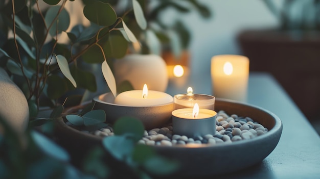 Relaxing ambiance with candles and pebbles in a tranquil indoor setting during evening hours