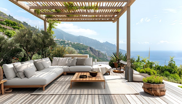 Photo relaxing area on wooden deck and terrace