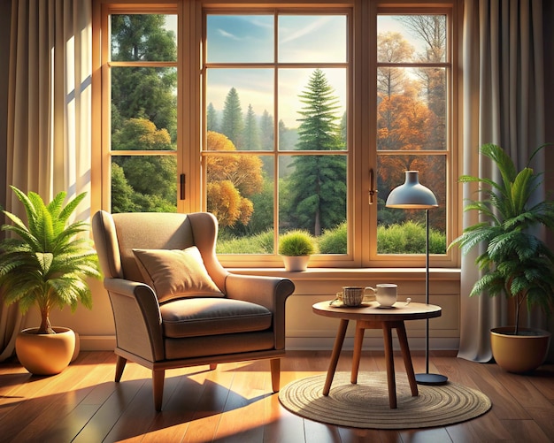 Relaxing armchair in front of the window with a small flowers and coffee cup on wooden table