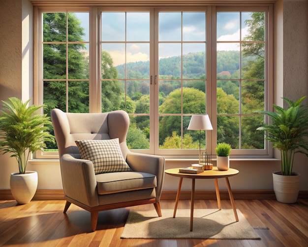 Relaxing armchair in front of the window with a small flowers and coffee cup on wooden table