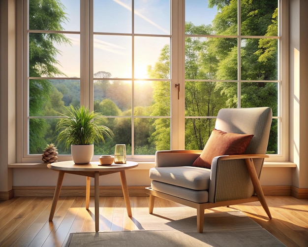 Relaxing armchair in front of the window with a small flowers and coffee cup on wooden table