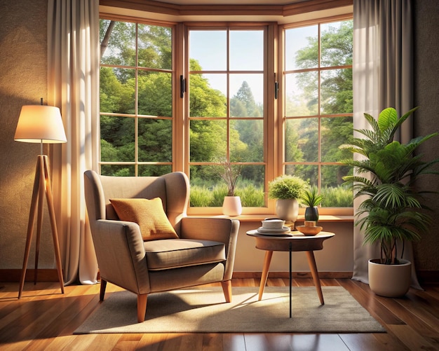 Relaxing armchair in front of the window with a small flowers and coffee cup on wooden table