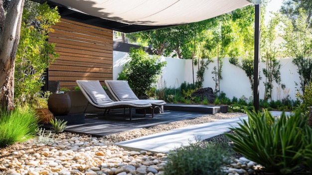 Photo relaxing backyard area with a contemporary lounge chair a chic side table and a shaded