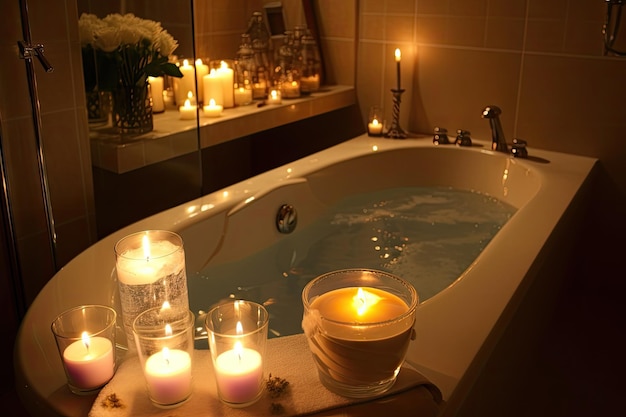 Relaxing bath with candles and music for cozy evening treat created with generative ai