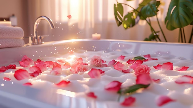 Relaxing bathroom with a tub filled rose petals on foam for a romantic atmosphere