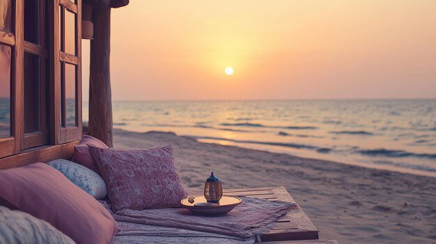 Photo relaxing beach evening view with a sunset and cozy seating area