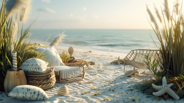 Photo relaxing beach scene with wicker furniture and seagrass