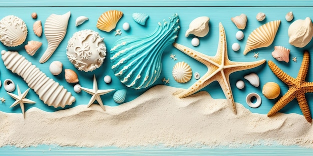 Relaxing Beach Vacation with Starfish and Seashells on Pastel Blue Wood