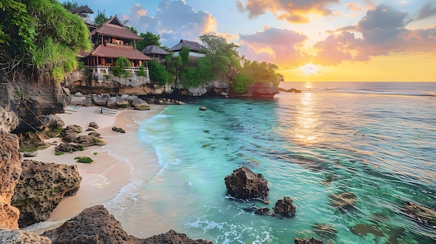 Photo relaxing on the beaches of bali indonesia provides a tropical paradise where soft sands