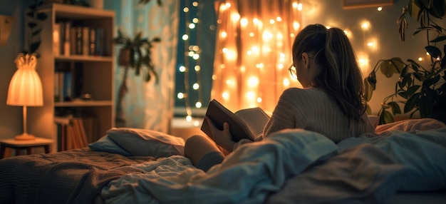 A relaxing bedroom setup with soft lighting comfortable bedding and a person reading a book before bed