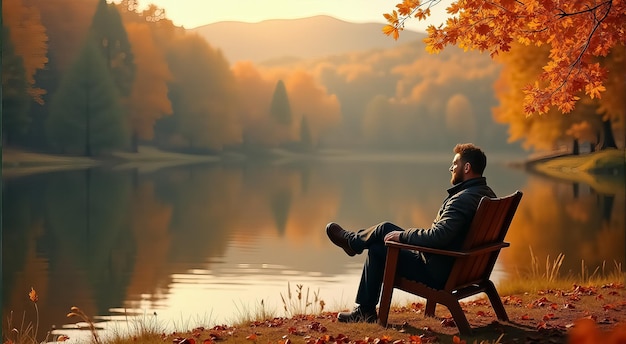 Photo relaxing by the lake in autumn a man enjoys the vibrant fall foliage and tranquil waters in a peaceful outdoor setting