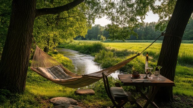 Relaxing cottage corner by a babbling brook featuring a hammock strung between two