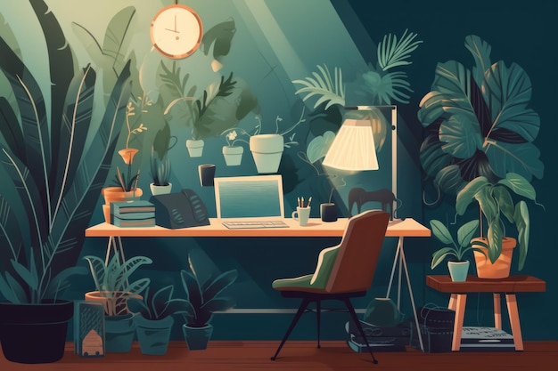 Relaxing environment with plants and music for working from home created with generative ai