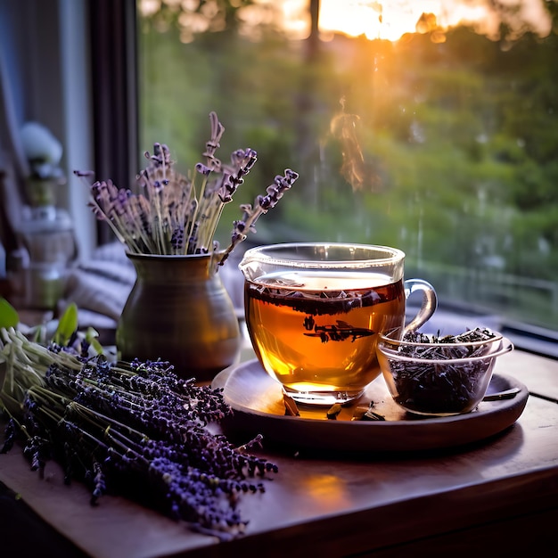 A relaxing evening tea setup featuring ZenCalm Relaxation Tea and lavender sprigs