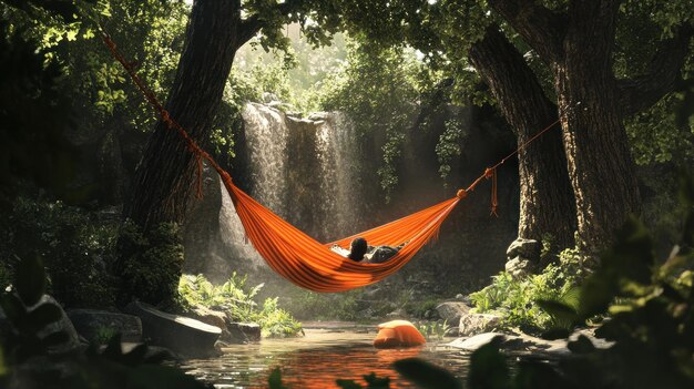 Relaxing in a Hammock by a Waterfall