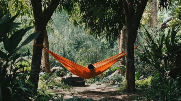 Photo relaxing in a hammock under the lush canopy