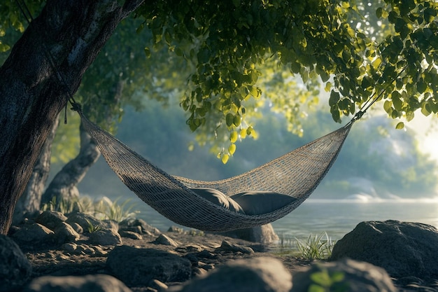 Photo relaxing in a hammock under the trees