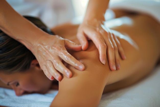 Photo relaxing hand massage closeup hands massaging the back spa salon